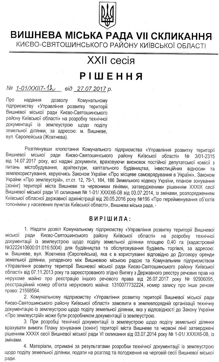 РІШЕННЯ ХХII СЕСІЇ VIІ СКЛИКАННЯ від 27.07.2017 року